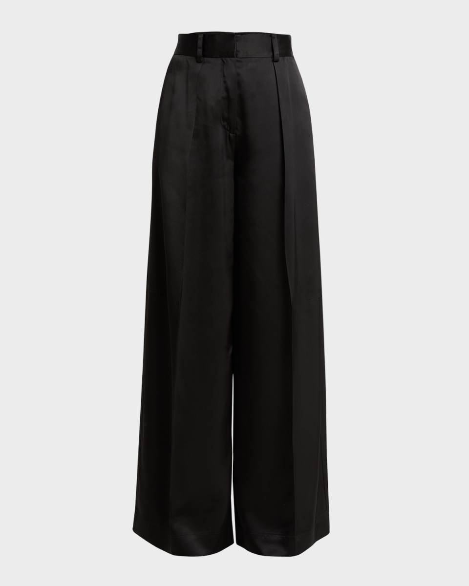 Pleated Wide-Leg Satin Trousers